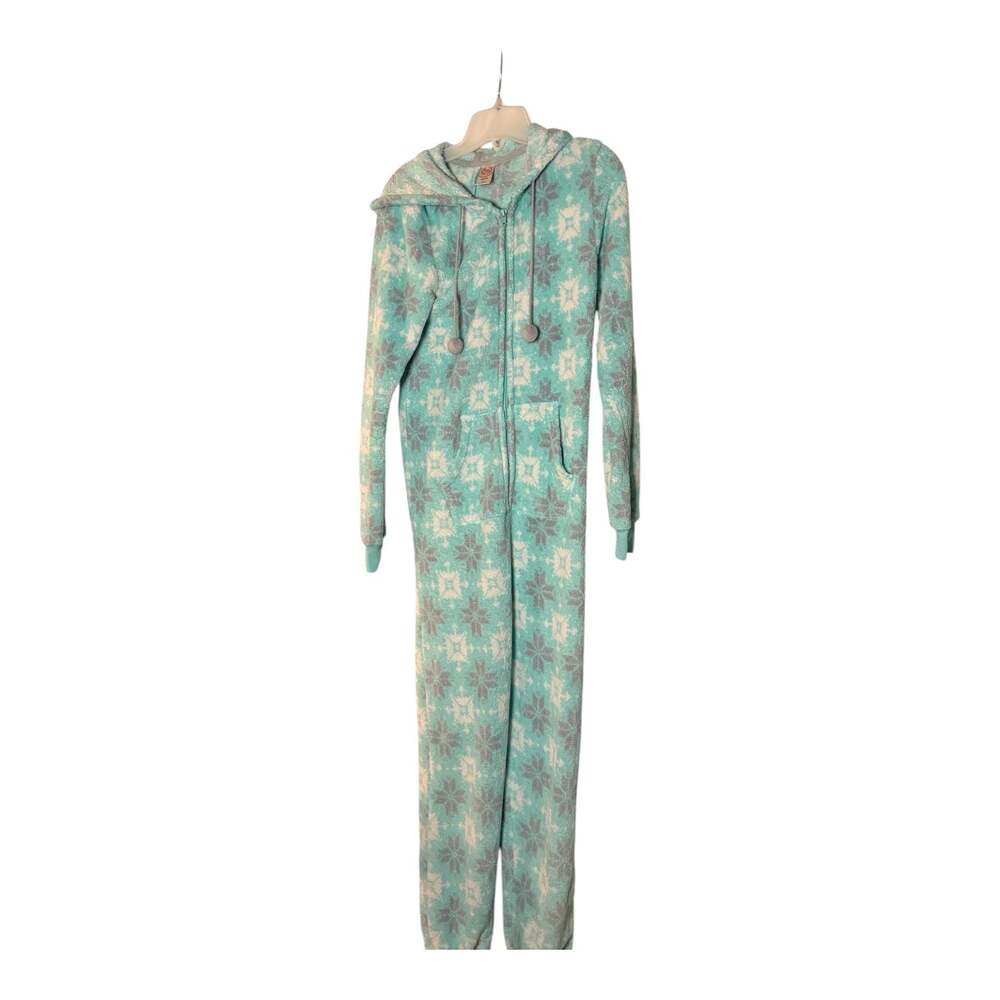 Junior's SO Teal White Fleece One-Piece Pajamas PJ Size Small EUC